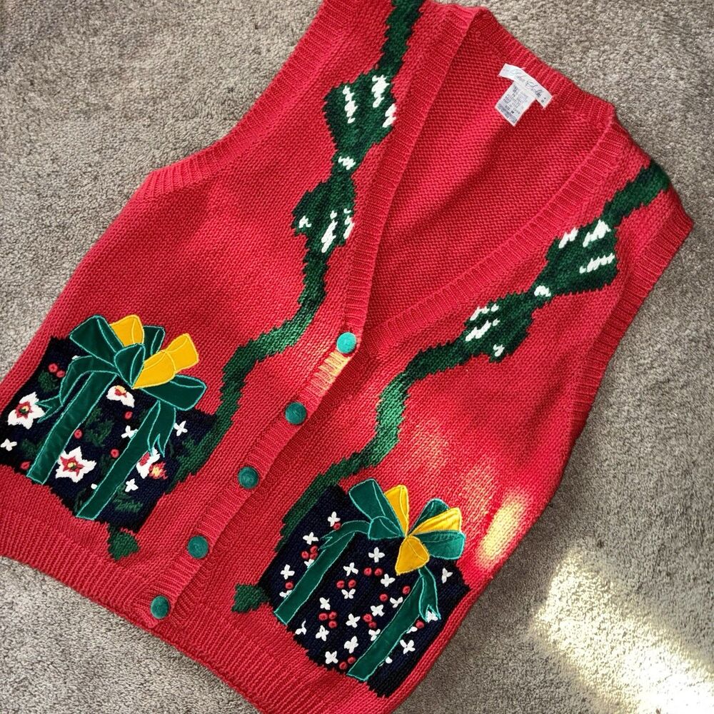 Vintage Robin Sinkler Christmas Sweater Vest Red Gift 3D Bow Ramie Cotton Sz M